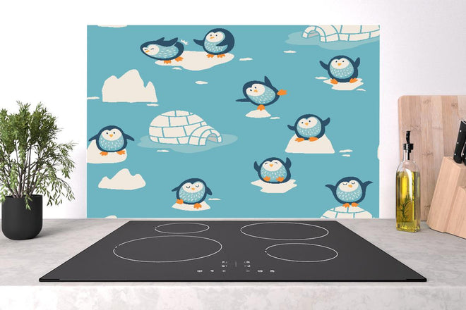 Spritzschutz - Blaue Pinguin Illustration Kindermuster