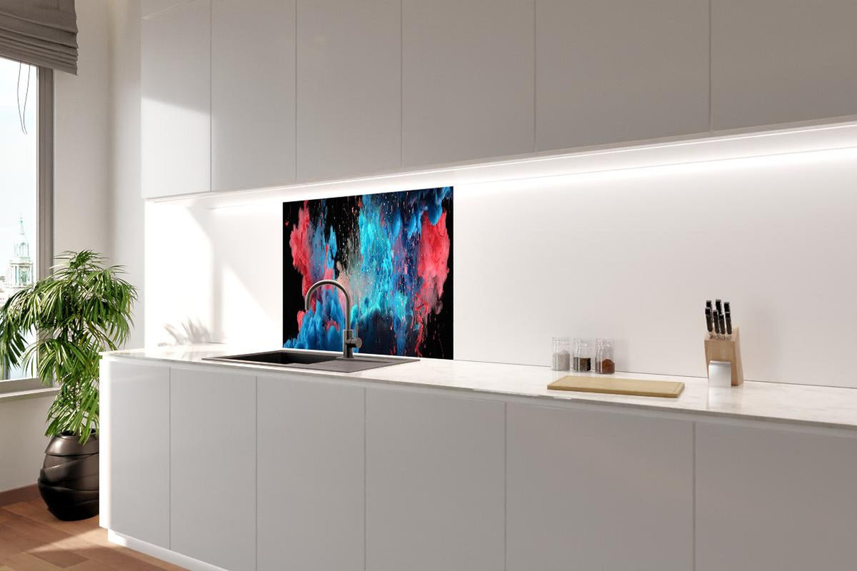 Spritzschutz - Blaue und rote Acryl-Farben auf Schwarz