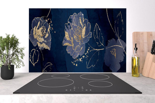 Spritzschutz - Blumenmotiv Nachtblau mit Goldverzierung