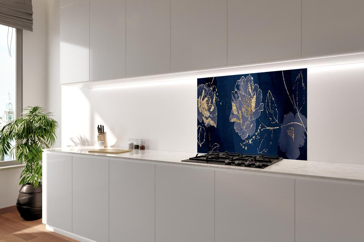 Spritzschutz - Blumenmotiv Nachtblau mit Goldverzierung