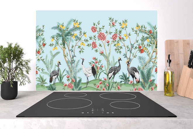 Spritzschutz - Botanische Tapete mit exotischen Vögeln