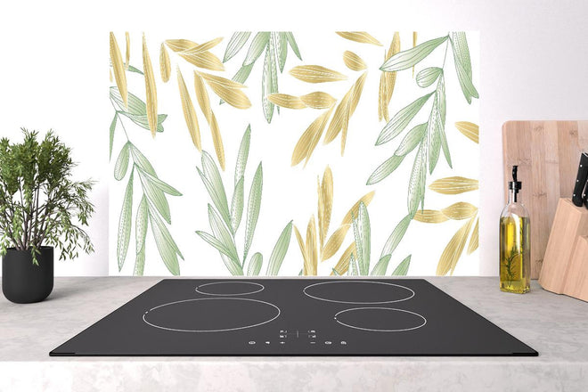 Spritzschutz - Dekoratives Grün-Gold Pflanzen-Design