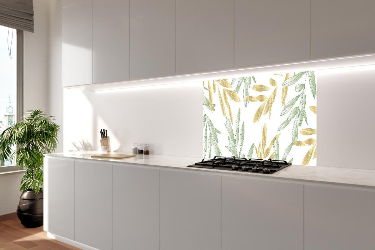Spritzschutz - Dekoratives Grün-Gold Pflanzen-Design