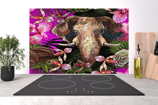 Spritzschutz - Dschungelnacht Elefant und tropische Blumen