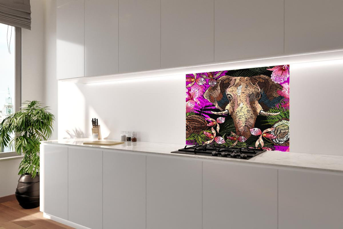 Spritzschutz - Dschungelnacht Elefant und tropische Blumen