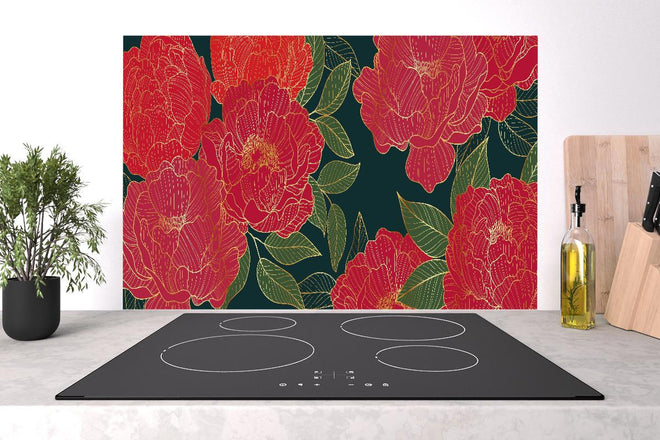 Spritzschutz - Dunkelrote Pfingstrosen auf Nachtgrün