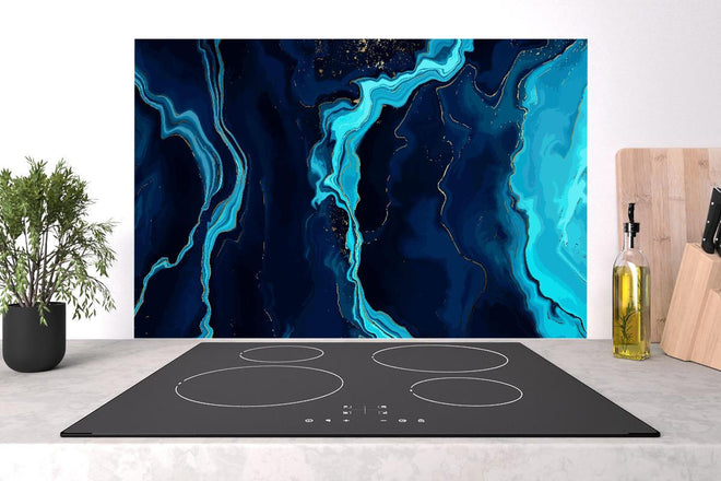 Spritzschutz - Dynamische Blau-Türkis Fluid Art Malerei