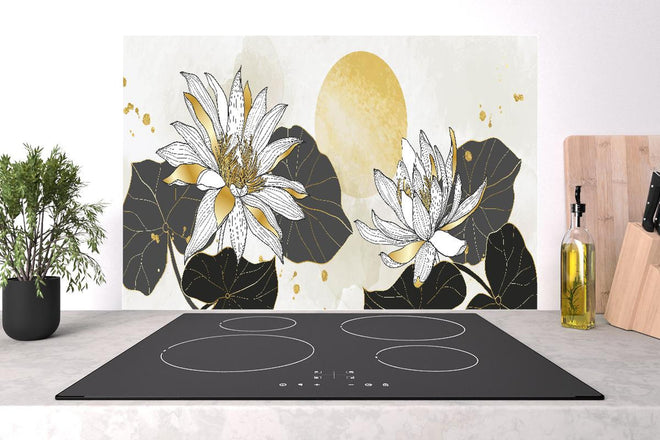 Spritzschutz - Edle Blumenillustration Beige und Gold