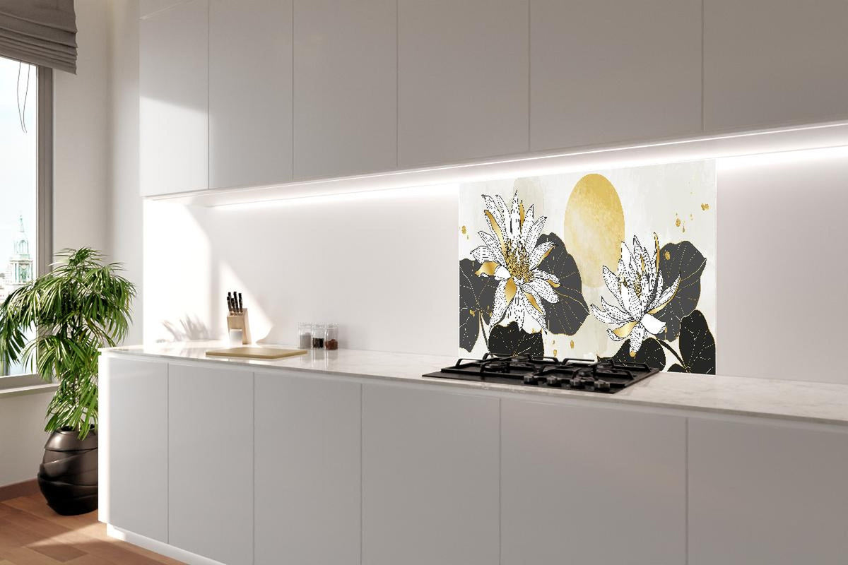 Spritzschutz - Edle Blumenillustration Beige und Gold