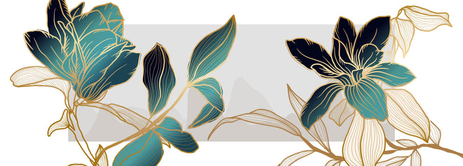 Spritzschutz - Elegante Blüten in Gold und Blautönen