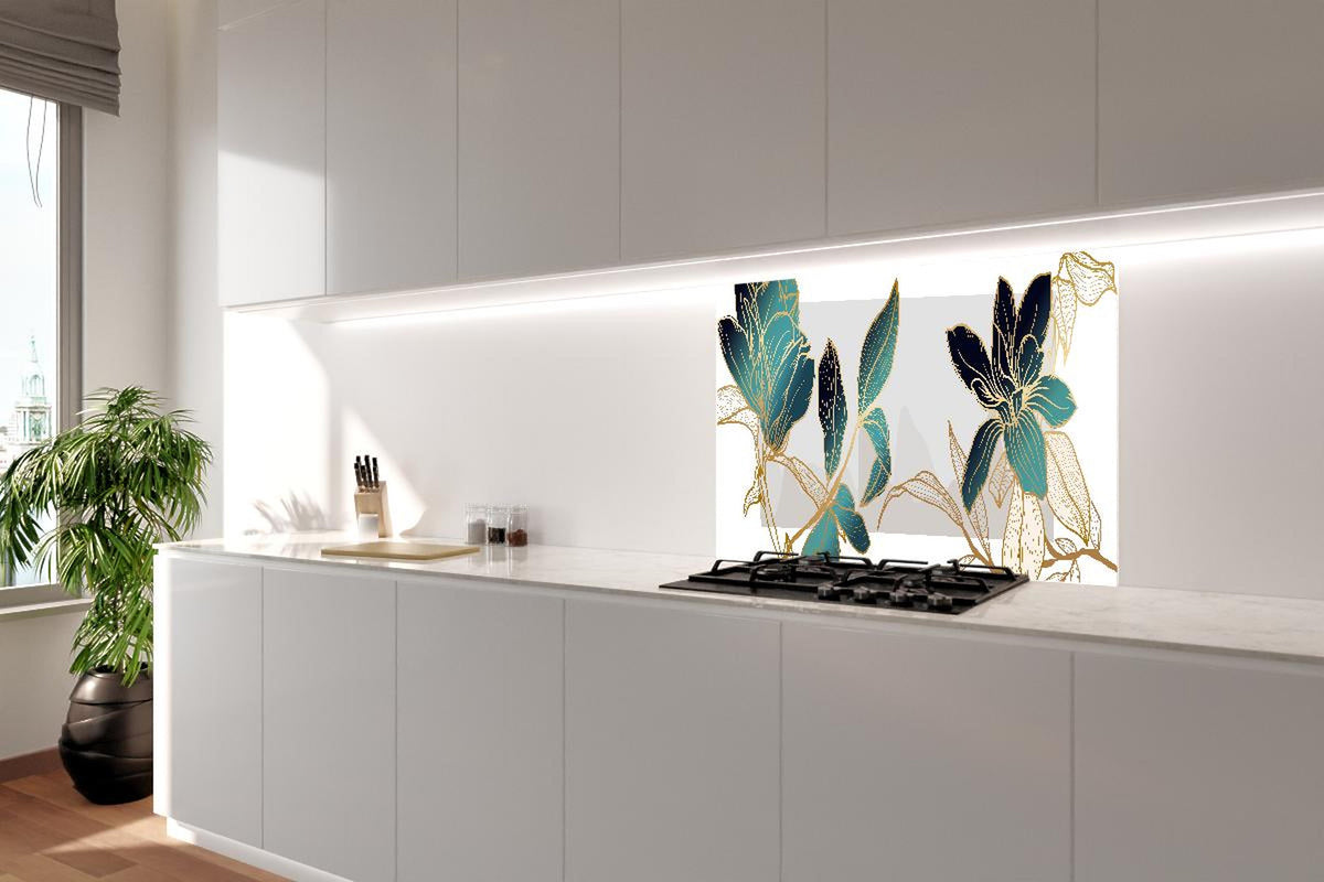 Spritzschutz - Elegante Blüten in Gold und Blautönen