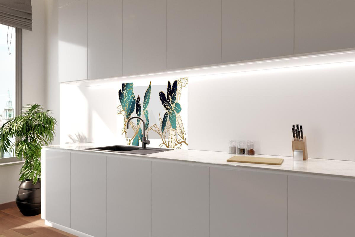 Spritzschutz - Elegante Blüten in Gold und Blautönen