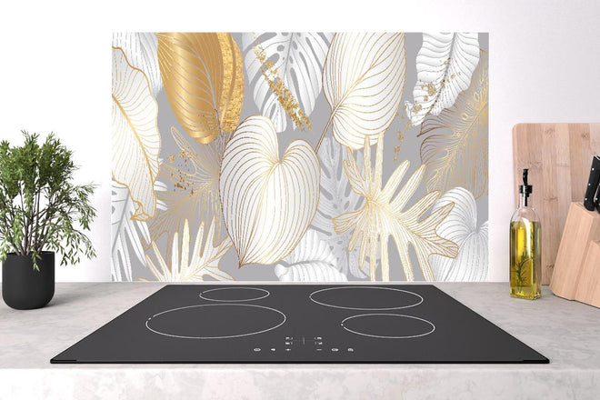 Spritzschutz - Eleganter Gold-Weißer Blattmuster Druck