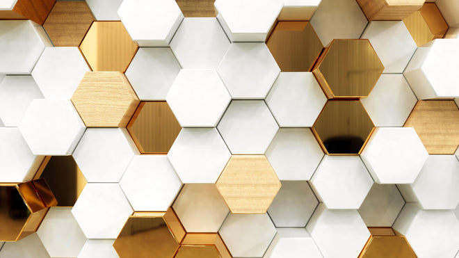 Spritzschutz - Eleganter weißer Hintergrund mit goldenen Hexagonen