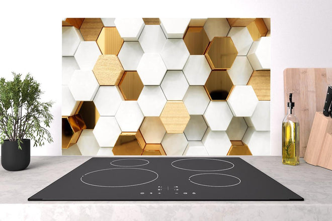 Spritzschutz - Eleganter weißer Hintergrund mit goldenen Hexagonen