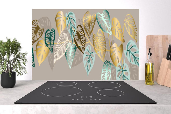 Spritzschutz - Elegantes Blattmuster in Goldtönen