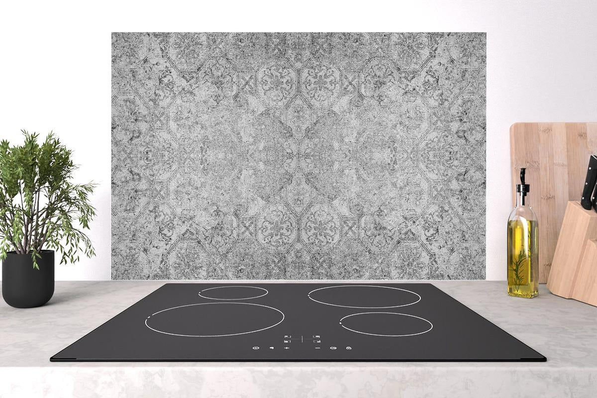 Spritzschutz - Elegantes Grau-Weiß Ornament Design