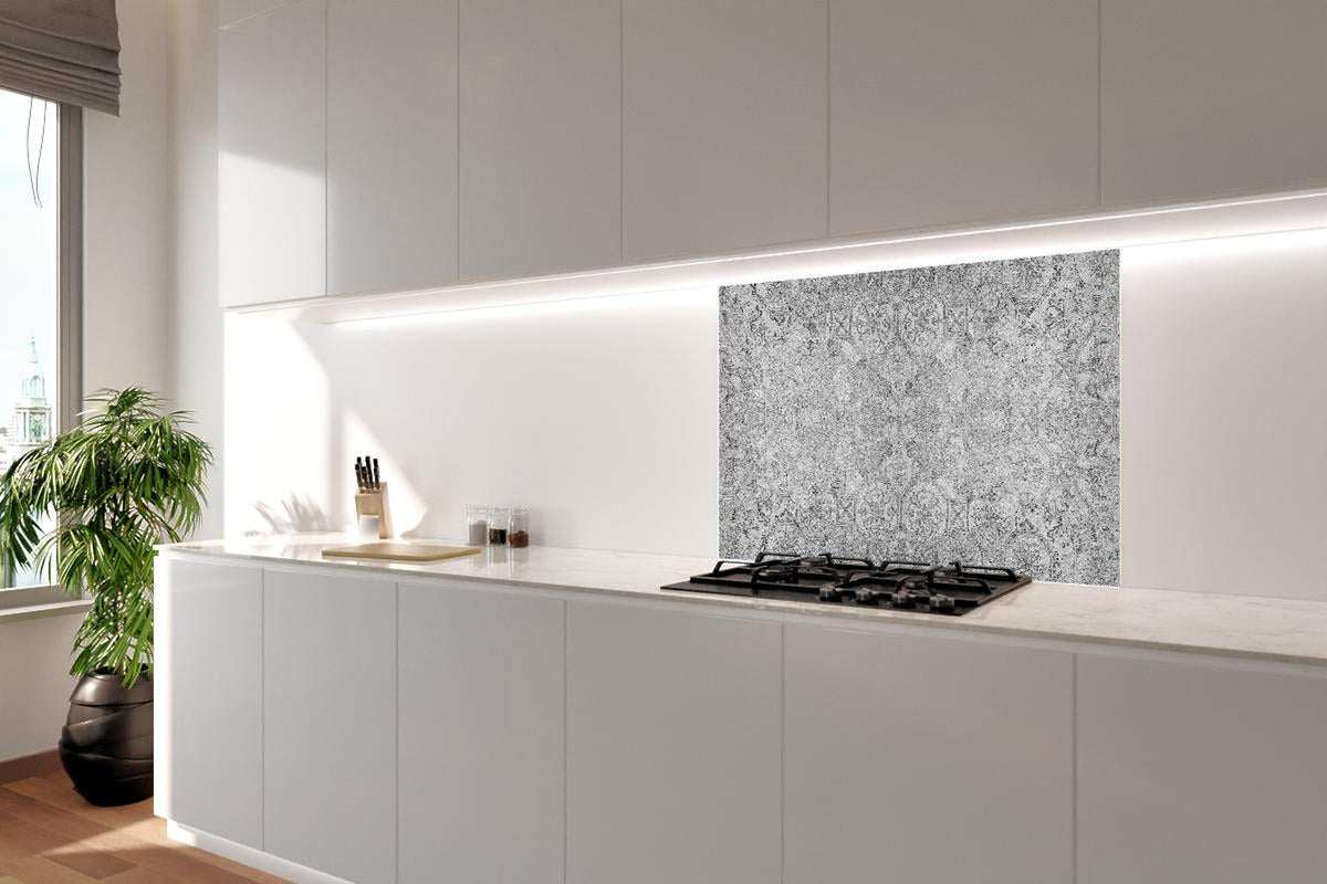 Spritzschutz - Elegantes Grau-Weiß Ornament Design