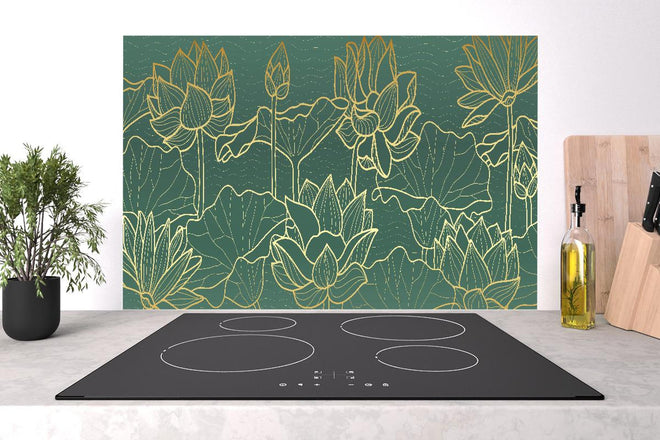 Spritzschutz - Elegantes Lotus Muster in Gold Lineart