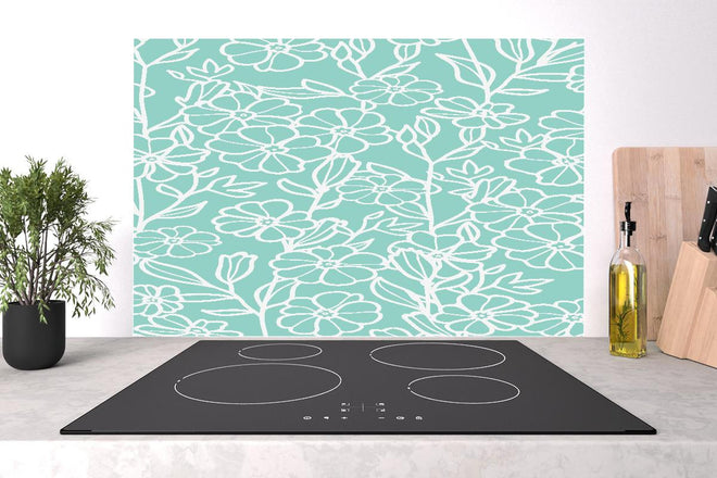 Spritzschutz - Elegantes Türkis-Weiß Blumen Design