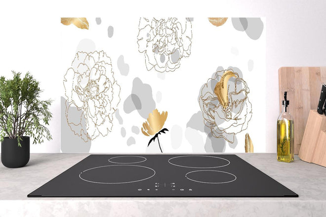 Spritzschutz - Elegantes florales Muster in Goldweiß