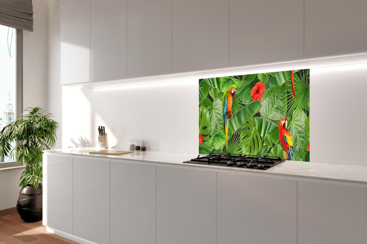Spritzschutz - Exotisches Papageien-Dschungel-Motiv Tapete