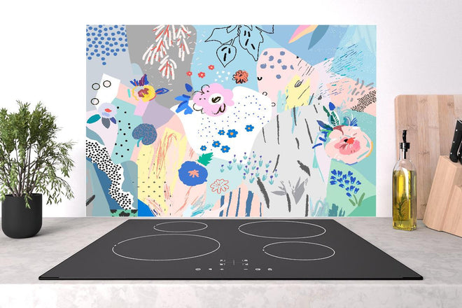 Spritzschutz - Farbenfrohes Blumenmuster in Abstrakter Kunst