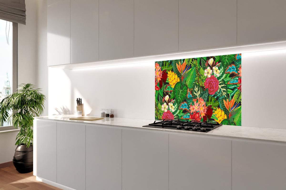 Spritzschutz - Farbenfrohes Dschungelmotiv Blumen und Blätter