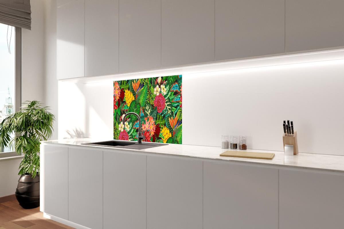 Spritzschutz - Farbenfrohes Dschungelmotiv Blumen und Blätter