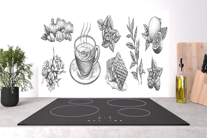 Spritzschutz - Feine Teezeit Illustration in Schwarz-Weiß