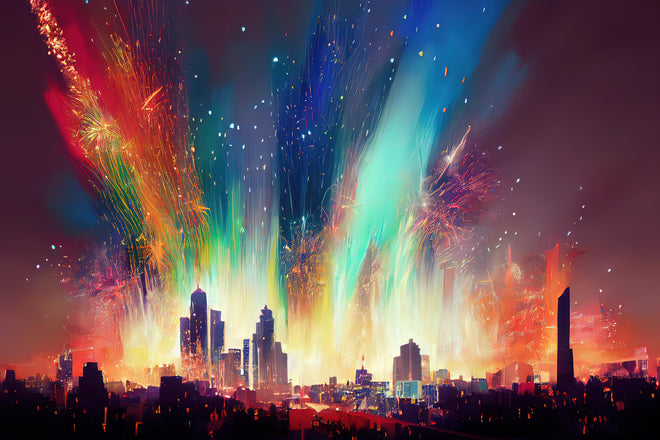 Spritzschutz - Feuerwerk über Stadt bei Nacht - Illustration