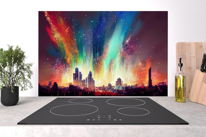 Spritzschutz - Feuerwerk über Stadt bei Nacht - Illustration