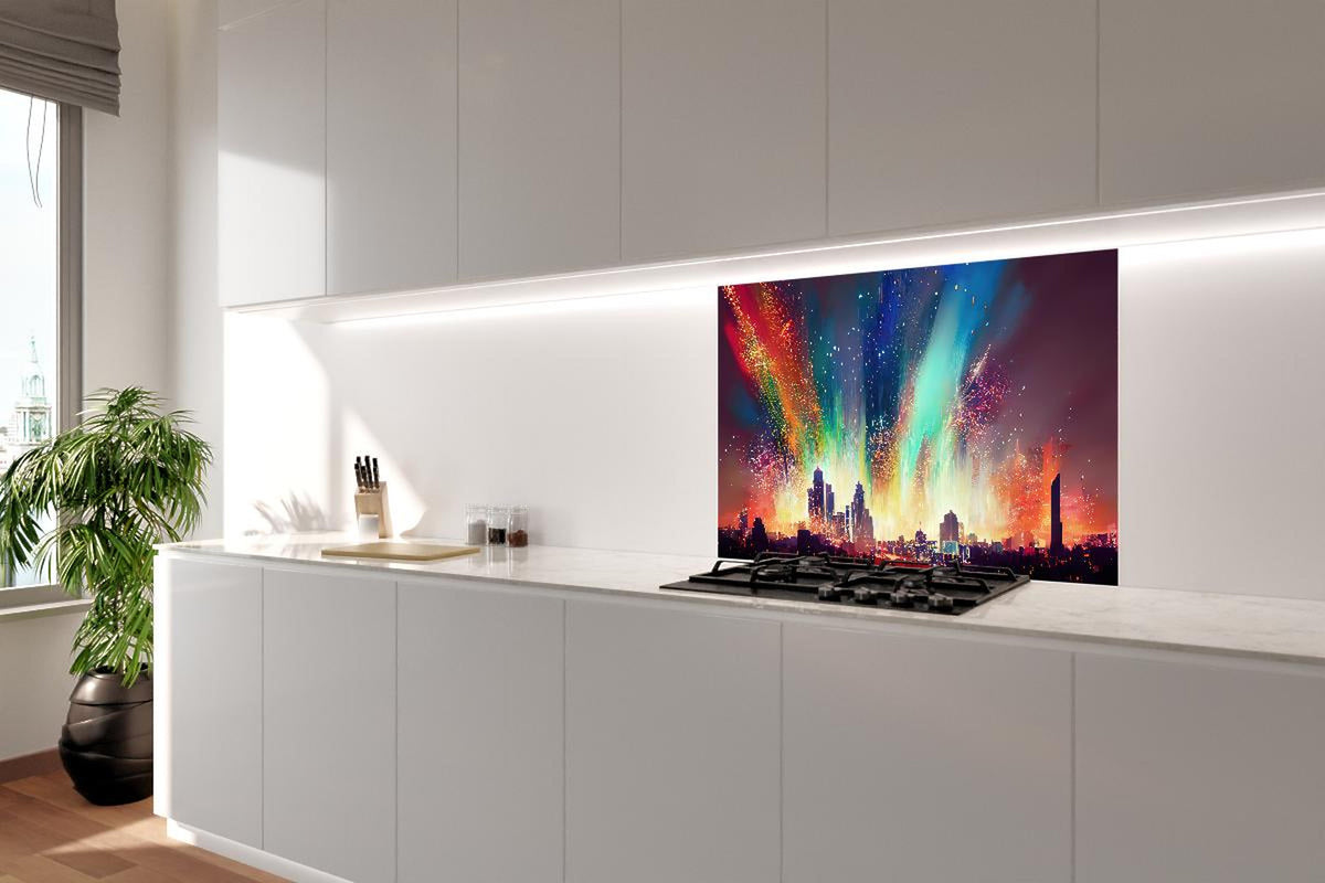 Spritzschutz - Feuerwerk über Stadt bei Nacht - Illustration