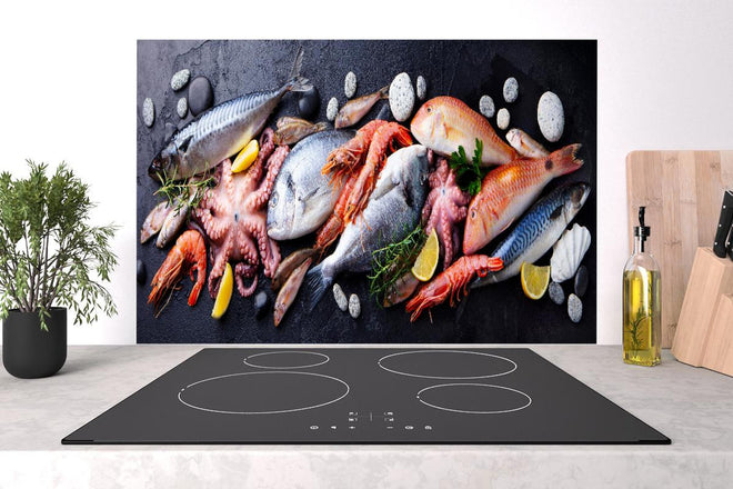 Spritzschutz - Fische & Meeresfrüchte auf Schieferstein