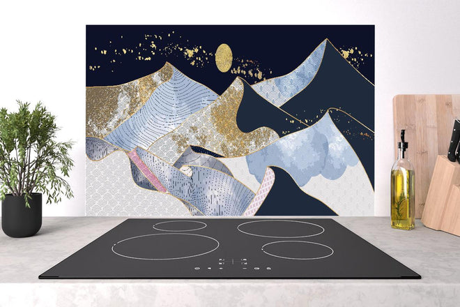 Spritzschutz - Goldene Wellen Kunstwerk mit Mond