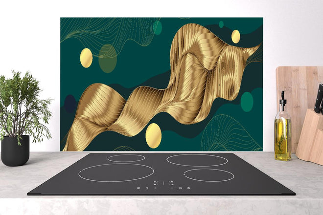 Spritzschutz - Goldene Wellenlinien Kunst auf Dunkelblau