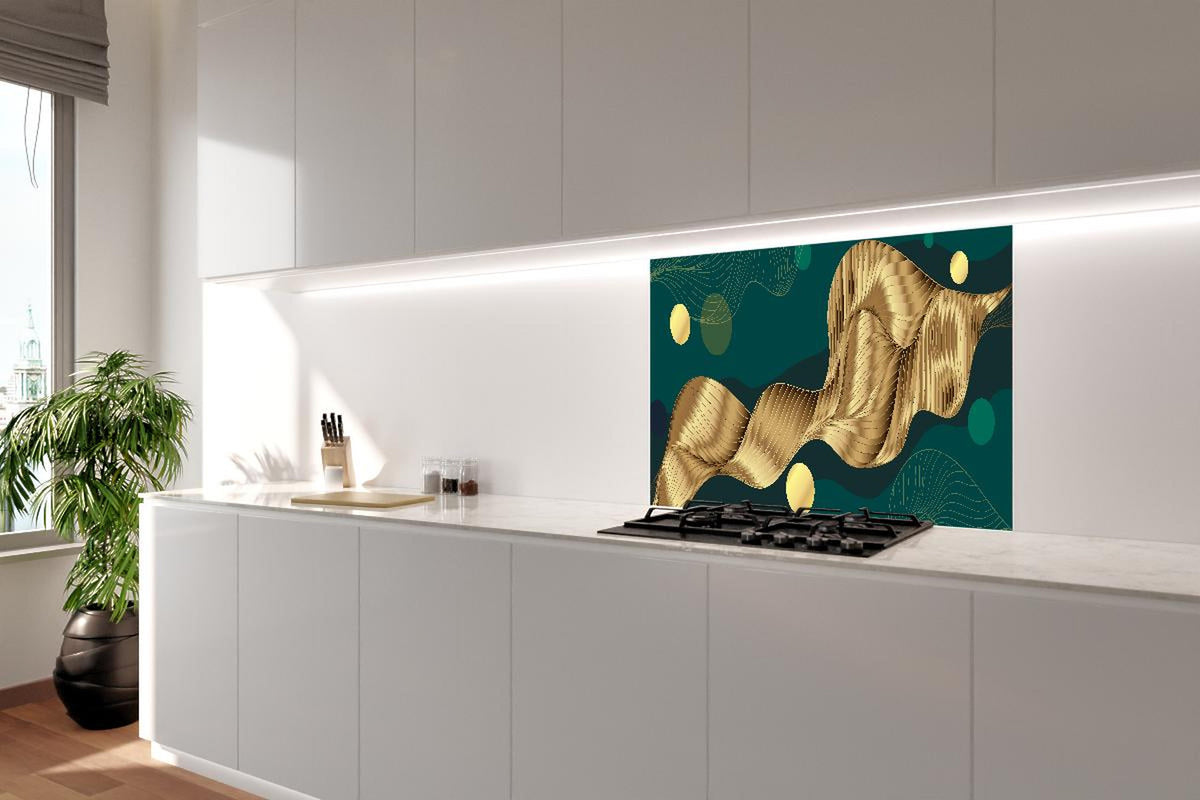Spritzschutz - Goldene Wellenlinien Kunst auf Dunkelblau