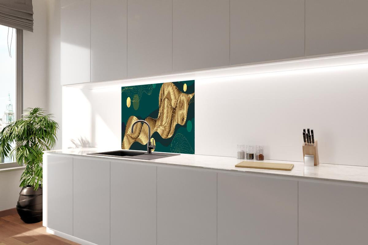 Spritzschutz - Goldene Wellenlinien Kunst auf Dunkelblau