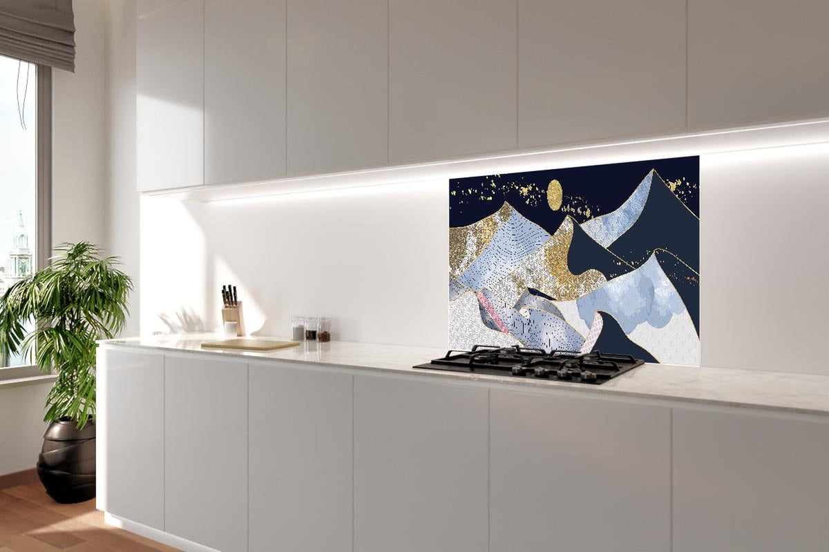 Spritzschutz - Goldener Mond über blaugrauer Abstraktlandschaft