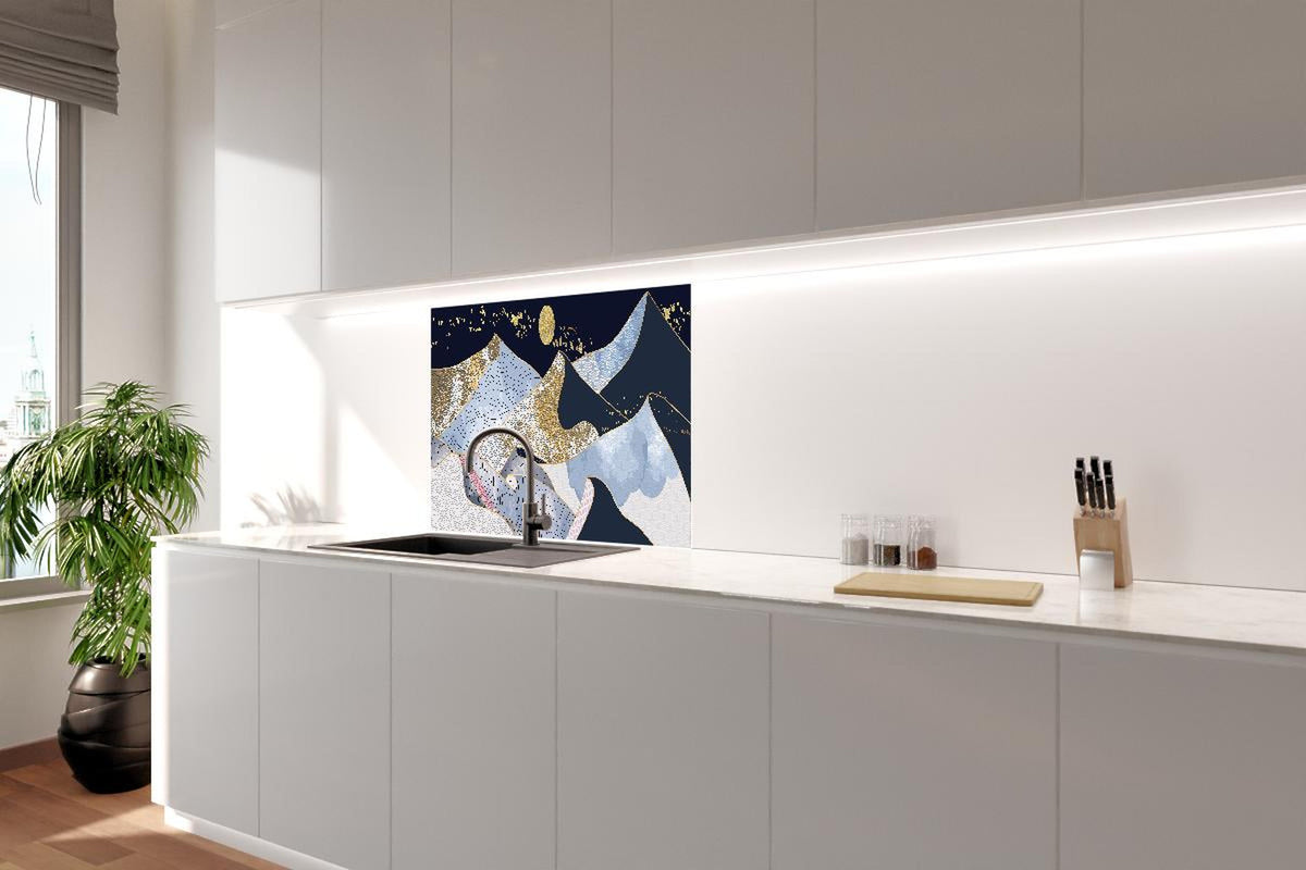 Spritzschutz - Goldener Mond über blaugrauer Abstraktlandschaft