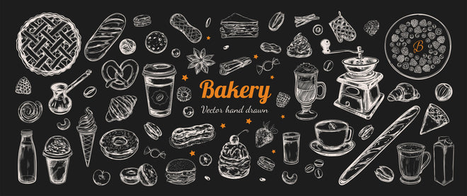 Spritzschutz - Handgezeichnete Backwaren und Kaffee Illustration