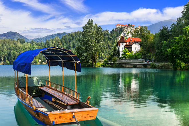Spritzschutz - Idyllischer Bled See, Holzboot, Slowenien