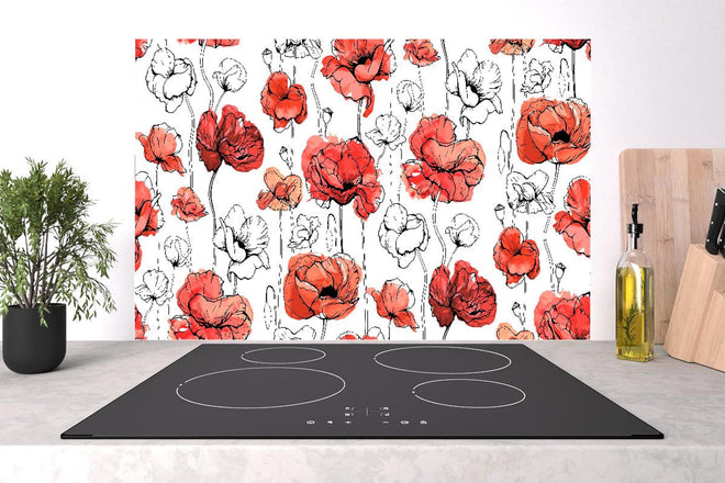 Spritzschutz - Illustration Rote Mohnblumen Skizze Muster