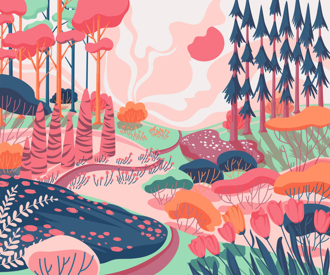 Spritzschutz - Illustrative Waldszene in Pastellfarbtönen