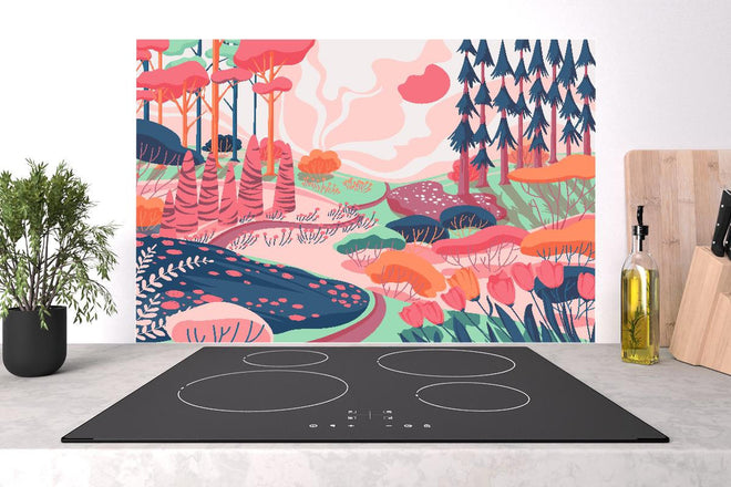 Spritzschutz - Illustrative Waldszene in Pastellfarbtönen