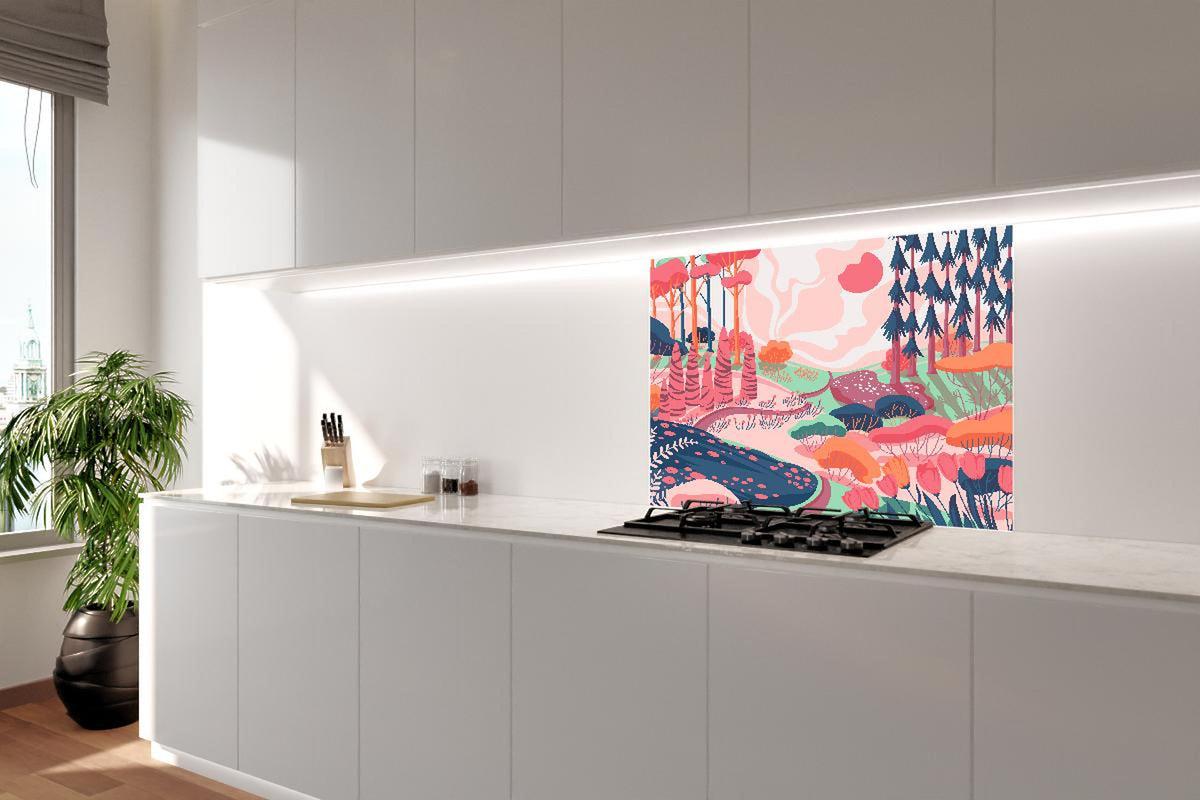 Spritzschutz - Illustrative Waldszene in Pastellfarbtönen