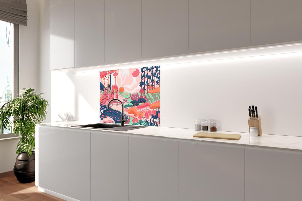 Spritzschutz - Illustrative Waldszene in Pastellfarbtönen