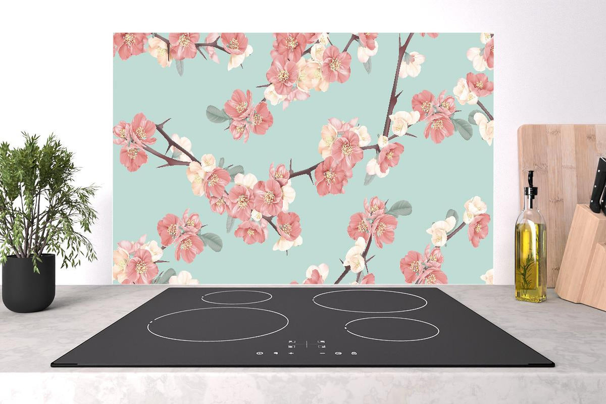 Spritzschutz - Japanische Quitten Blumen Muster Pastellblau