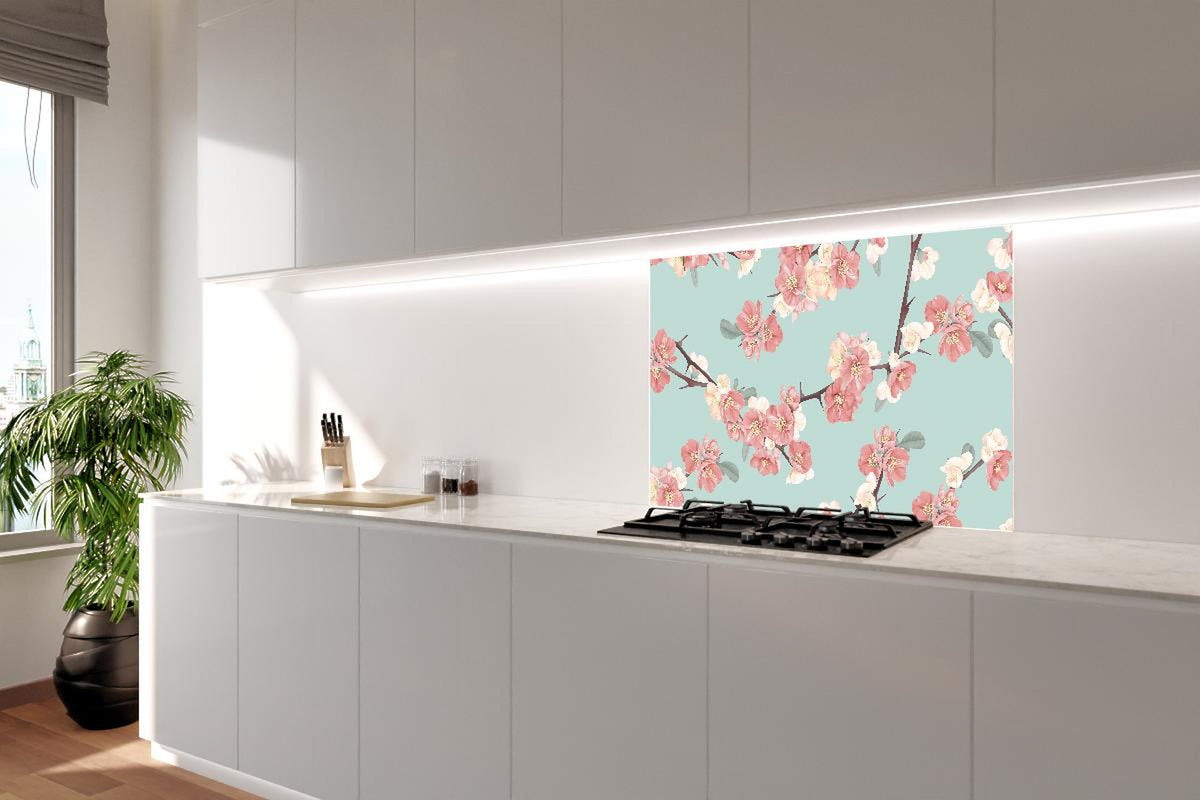 Spritzschutz - Japanische Quitten Blumen Muster Pastellblau
