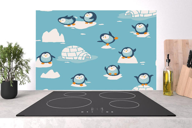 Spritzschutz - Kindlich-verspielte Pinguin-Textilillustration